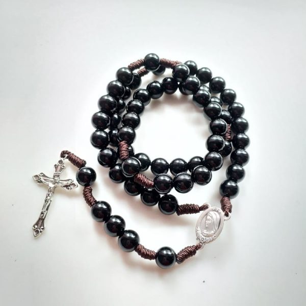 Our Lady & Crucifix of 10mm Round Blue/Black Acrylic Nylon Cord Rosary