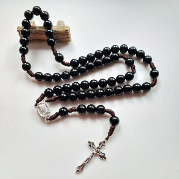 Our Lady & Crucifix of 10mm Round Blue/Black Acrylic Nylon Cord Rosary