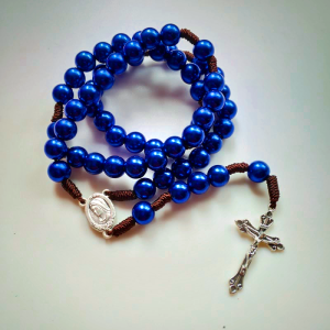 Our Lady & Crucifix of 10mm Round Blue/Black Acrylic Nylon Cord Rosary