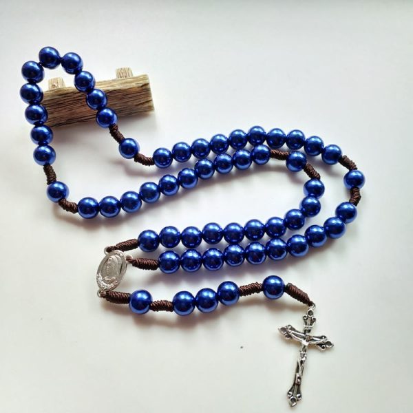 Our Lady & Crucifix of 10mm Round Blue/Black Acrylic Nylon Cord Rosary