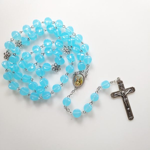 Holy Family & Crucifix of 10mm Polyhedron Blue Acrylic Alloy Chain Rosary