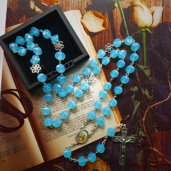 Holy Family & Crucifix of 10mm Polyhedron Blue Acrylic Alloy Chain Rosary