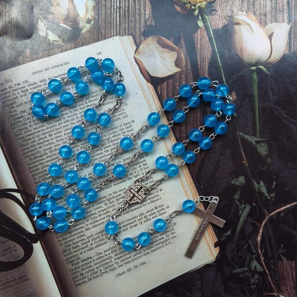 Jerusalem Medal & Crucifix of 8mm Round Blue Acrylic Alloy Chain Rosary