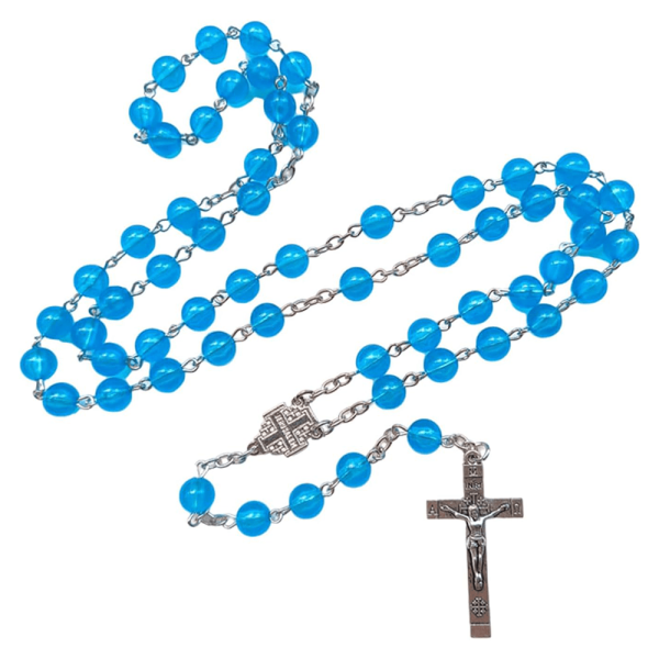 Jerusalem Medal & Crucifix of 8mm Round Blue Acrylic Alloy Chain Rosary