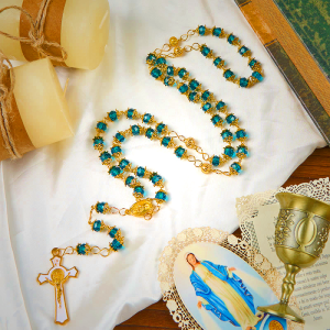 Miraculous Medal & Crucifix of 6 mm Polyhedron Blue Acrylic Alloy Chain Rosary