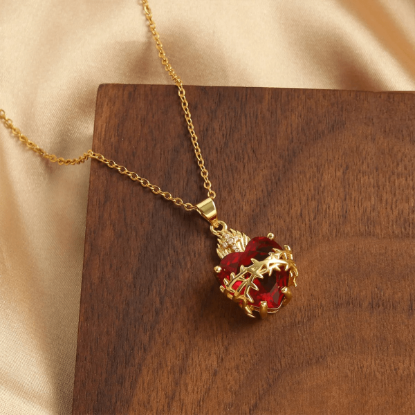 Christianartworkshop FAITH AS YOUR ARMOR: Red Gemstones Sacred Heart of Jesus Pendant Necklace