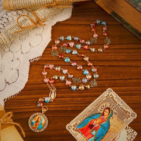 Miraculous Medal & Immaculate Heart of 10mm Heart Rose Multicolor Glass Alloy Chain Rosary
