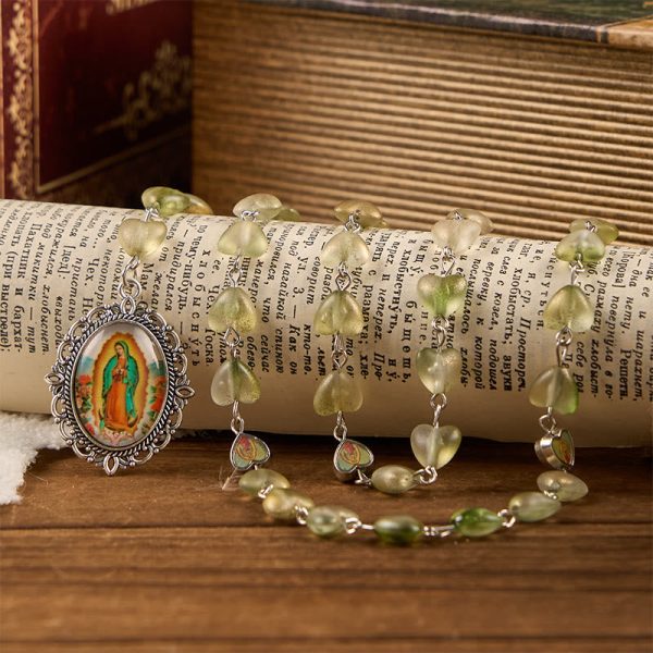 Heart of Thorns & Our Lady of Guadalupe of 10mm Heart Green Glass Alloy Chain Rosary