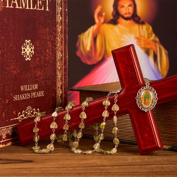 Heart of Thorns & Our Lady of Guadalupe of 10mm Heart Green Glass Alloy Chain Rosary