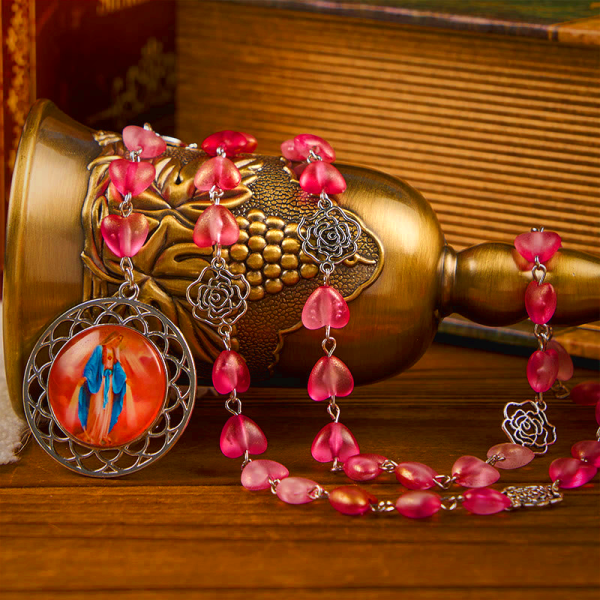 Rose & Miraculous Medal of 10mm Heart Rose Pink Glass Alloy Chain Rosary