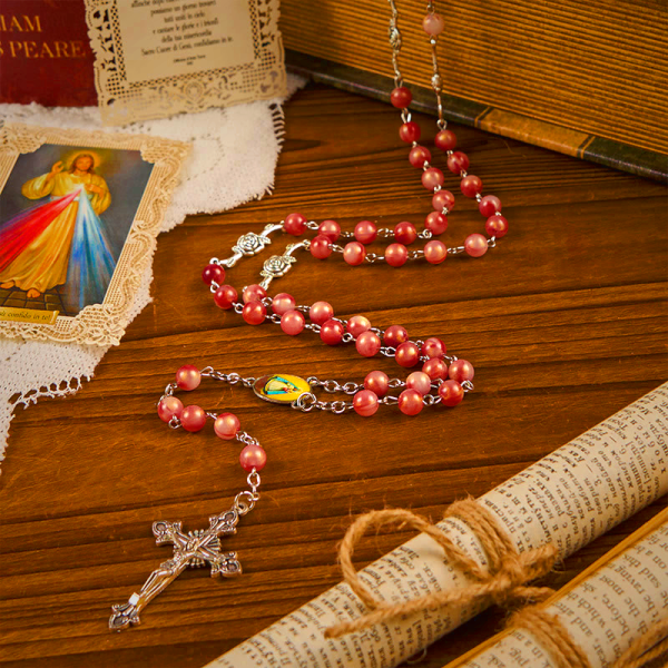 Our Lady & Crucifix of 8mm Round Rose Pink Alloy Chain Rosary