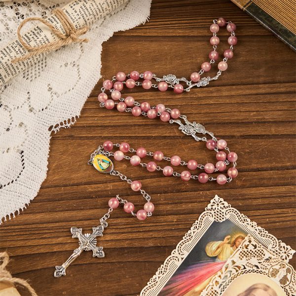 Our Lady & Crucifix of 8mm Round Rose Pink Alloy Chain Rosary