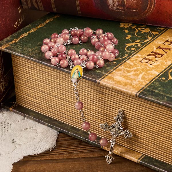 Our Lady & Crucifix of 8mm Round Rose Pink Alloy Chain Rosary