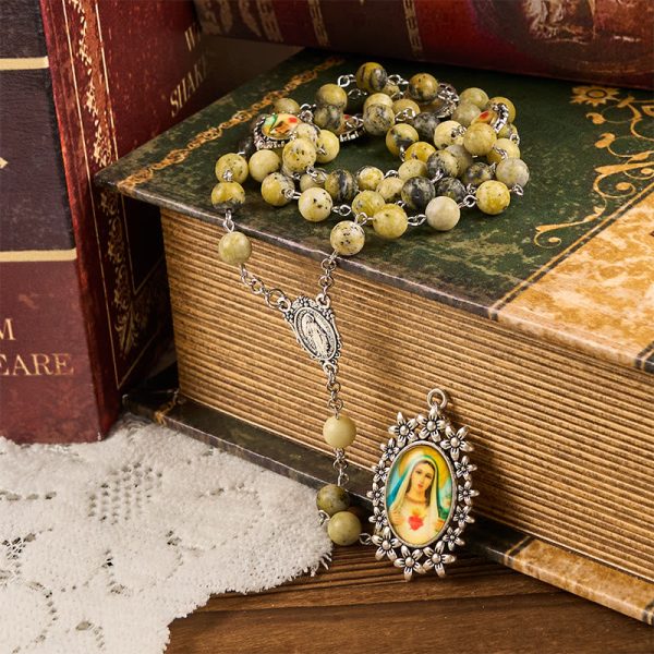 Miraculous Medal & Immaculate Heart of 8mm Round Stone Yellow Alloy Chain Rosary