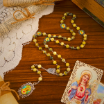Miraculous Medal & Immaculate Heart of 8mm Round Stone Yellow Alloy Chain Rosary
