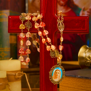 Miraculous Medal & Our Lady of 10mm Heart Rose Glass Alloy Chain Rosary