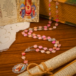 Praying Mary & Our Lady of 10mm Heart Rose Glass Pink Alloy Chain Rosary