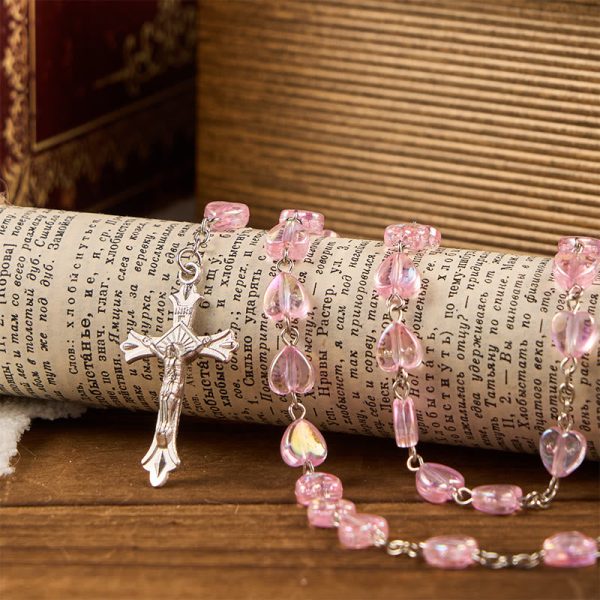 Our Lady & Crucifix of 8mm Heart Acrylic Pink Alloy Chain Rosary