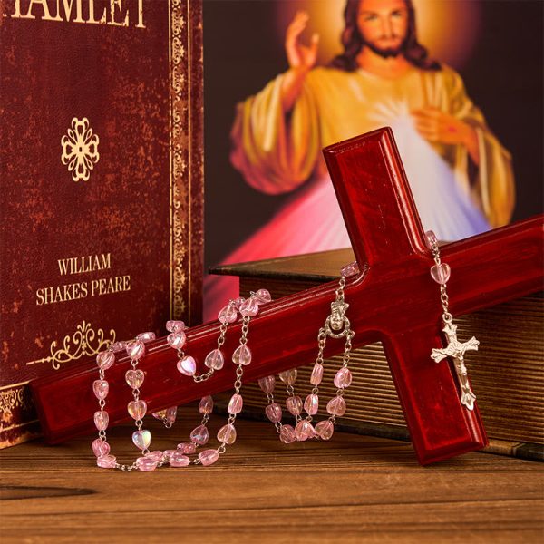 Our Lady & Crucifix of 8mm Heart Acrylic Pink Alloy Chain Rosary