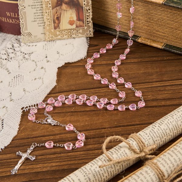 Our Lady & Crucifix of 8mm Heart Acrylic Pink Alloy Chain Rosary