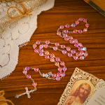 Our Lady & Crucifix of 8mm Heart Acrylic Pink Alloy Chain Rosary