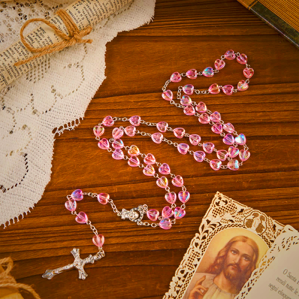 Our Lady & Crucifix of 8mm Heart Acrylic Pink Alloy Chain Rosary