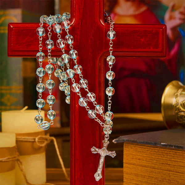 Our Lady & Crucifix of 8mm Round Glass Blue Alloy Chain Rosary