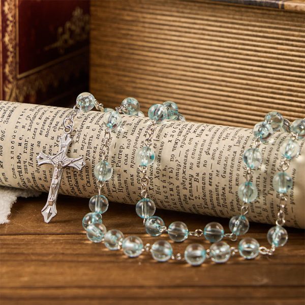 Our Lady & Crucifix of 8mm Round Glass Blue Alloy Chain Rosary