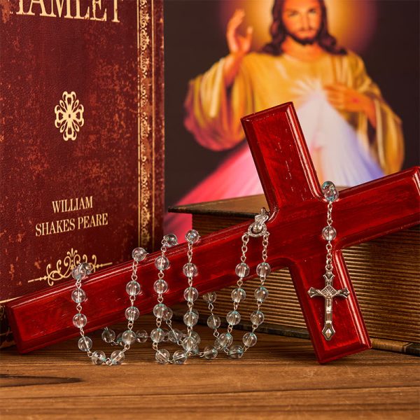 Our Lady & Crucifix of 8mm Round Glass Blue Alloy Chain Rosary