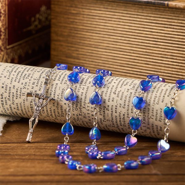Our Lady & Crucifix of 8mm Heart Acrylic Blue Alloy Chain Rosary
