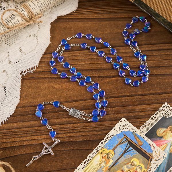 Our Lady & Crucifix of 8mm Heart Acrylic Blue Alloy Chain Rosary