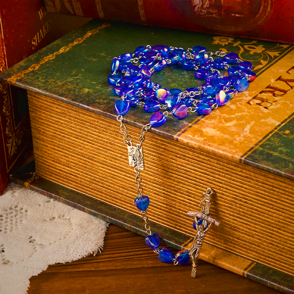 Our Lady & Crucifix of 8mm Heart Acrylic Blue Alloy Chain Rosary