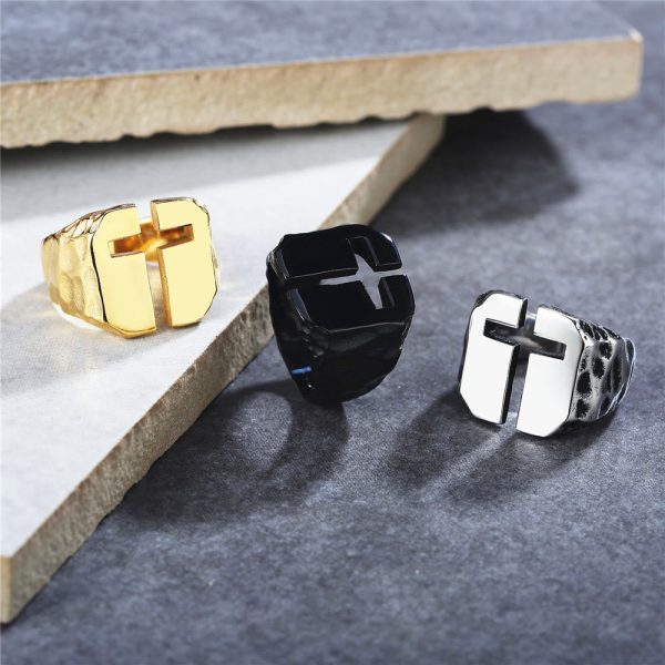 3 Colors Minimalist Style Cross Engraved Stainless Steel Faith Ring