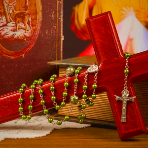 St. Benedict Medal & Trinity Cross of 6mm Green Floral Ball Prayer Beads Rosary
