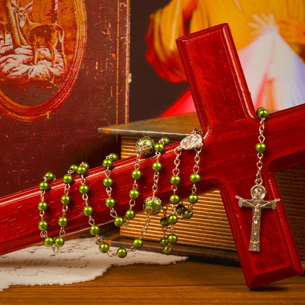St. Benedict Medal & Trinity Cross of 6mm Green Floral Ball Prayer Beads Rosary
