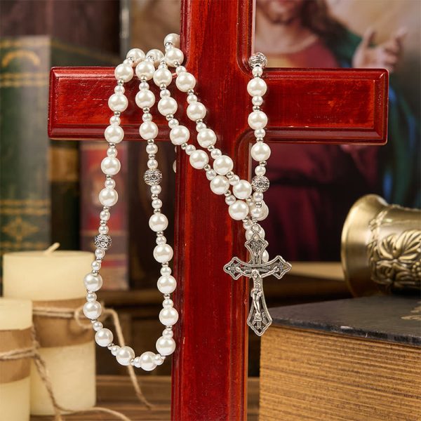 Christianartworkshop Miraculous Medal & Crucifix of 4mm White Pearl Ball Prayer Beads Rosary