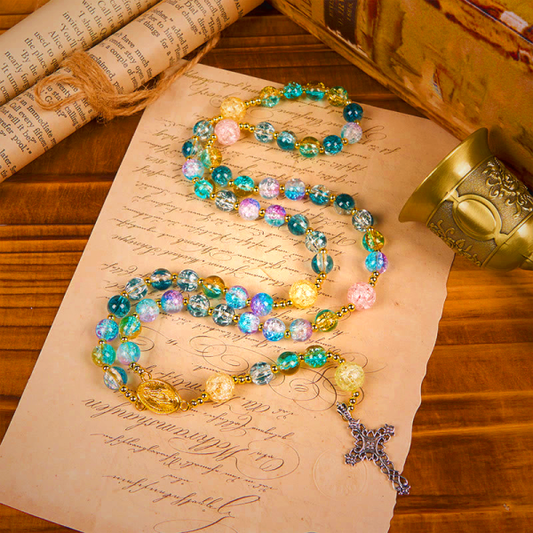 Miraculous Medal & Celtic Cross of 8 mm Round Multicolor Glass Alloy Chain Rosary