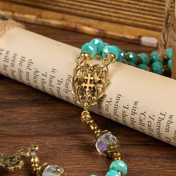 Lorraine Cross & Crucifix of 8 mm Rondelle Aquamarine Stone Nylon Cord Rosary