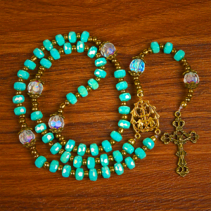 Lorraine Cross & Crucifix of 8 mm Rondelle Aquamarine Stone Nylon Cord Rosary