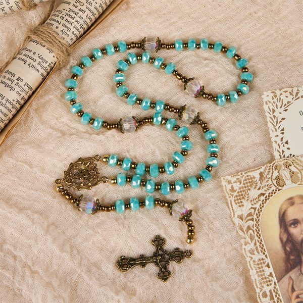 Lorraine Cross & Crucifix of 8 mm Rondelle Aquamarine Stone Nylon Cord Rosary