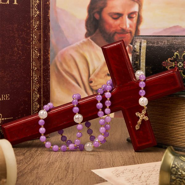Miraculous Medal & Crucifix of 8mm Purple Round Beads Handmade Rosary