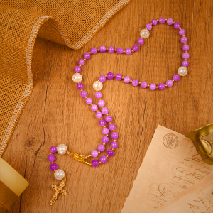 Miraculous Medal & Crucifix of 8mm Purple Round Beads Handmade Rosary