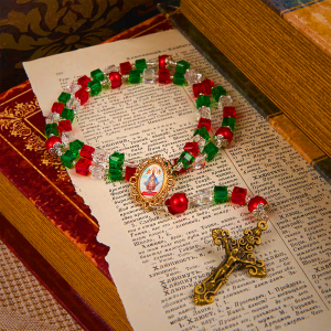 Our Lady of Guadalupe & Crucifix of 8mm Tricolor Beaded Handmade Rosary
