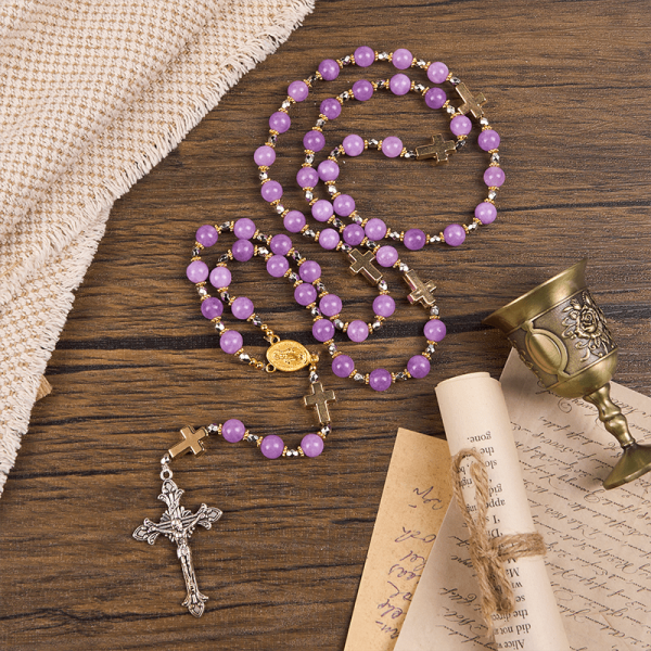 Miraculous Medal & Crucifix of 8mm Exquisite Lavender Beads Handmade Rosary