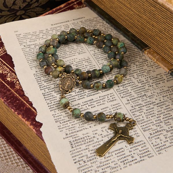 Retro Style Miraculous Medal & Crucifix of 8mm Matte African Turquoise Handmade Rosary