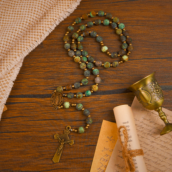 Retro Style Miraculous Medal & Crucifix of 8mm Matte African Turquoise Handmade Rosary
