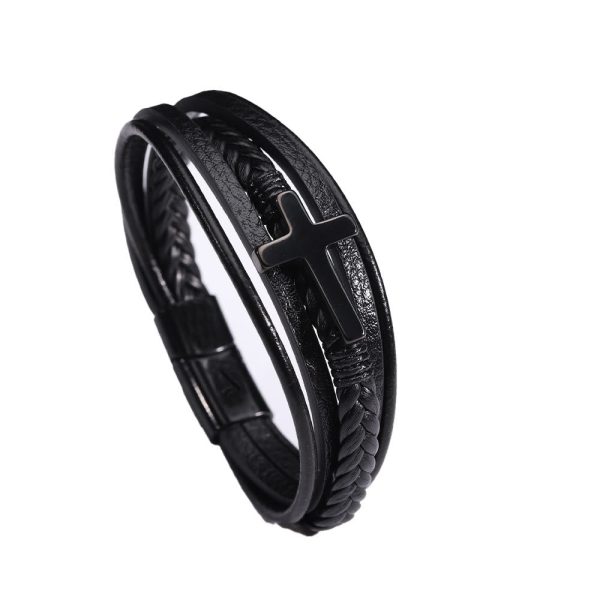 Christianartworkshop Cross of Black Leather Cuff Band Bracelet