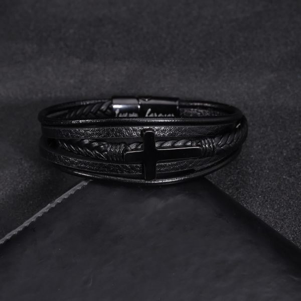 Christianartworkshop Cross of Black Leather Cuff Band Bracelet