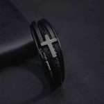 Cross of Black Leather Cuff Band Bracelet