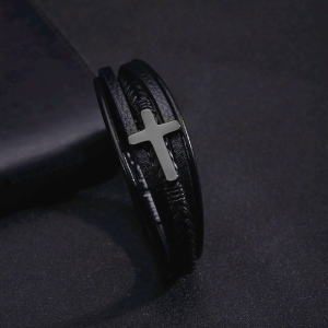 Cross of Black Leather Cuff Band Bracelet